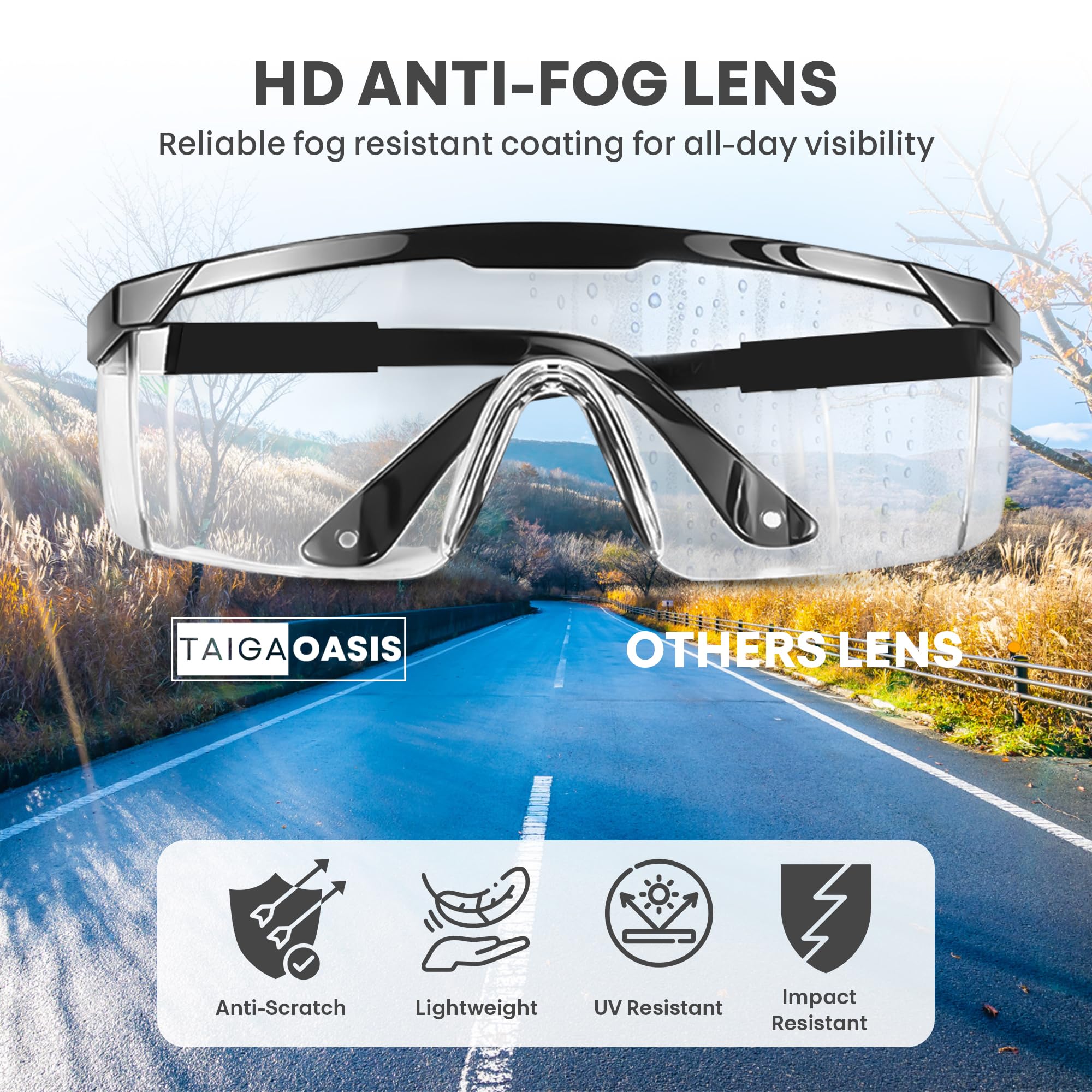 TAIGAOASIS Safety Glasses, Full Coverage Lens, Built-in Brow Guard, UV Resistant, Anti-Fog, Anti-Scratches, Impact Resistant, Adjustable Side Frames, One Size Fits All, 12 Pack