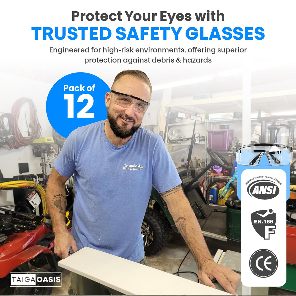 TAIGAOASIS Safety Glasses, Full Coverage Lens, Built-in Brow Guard, UV Resistant, Anti-Fog, Anti-Scratches, Impact Resistant, Adjustable Side Frames, One Size Fits All, 12 Pack