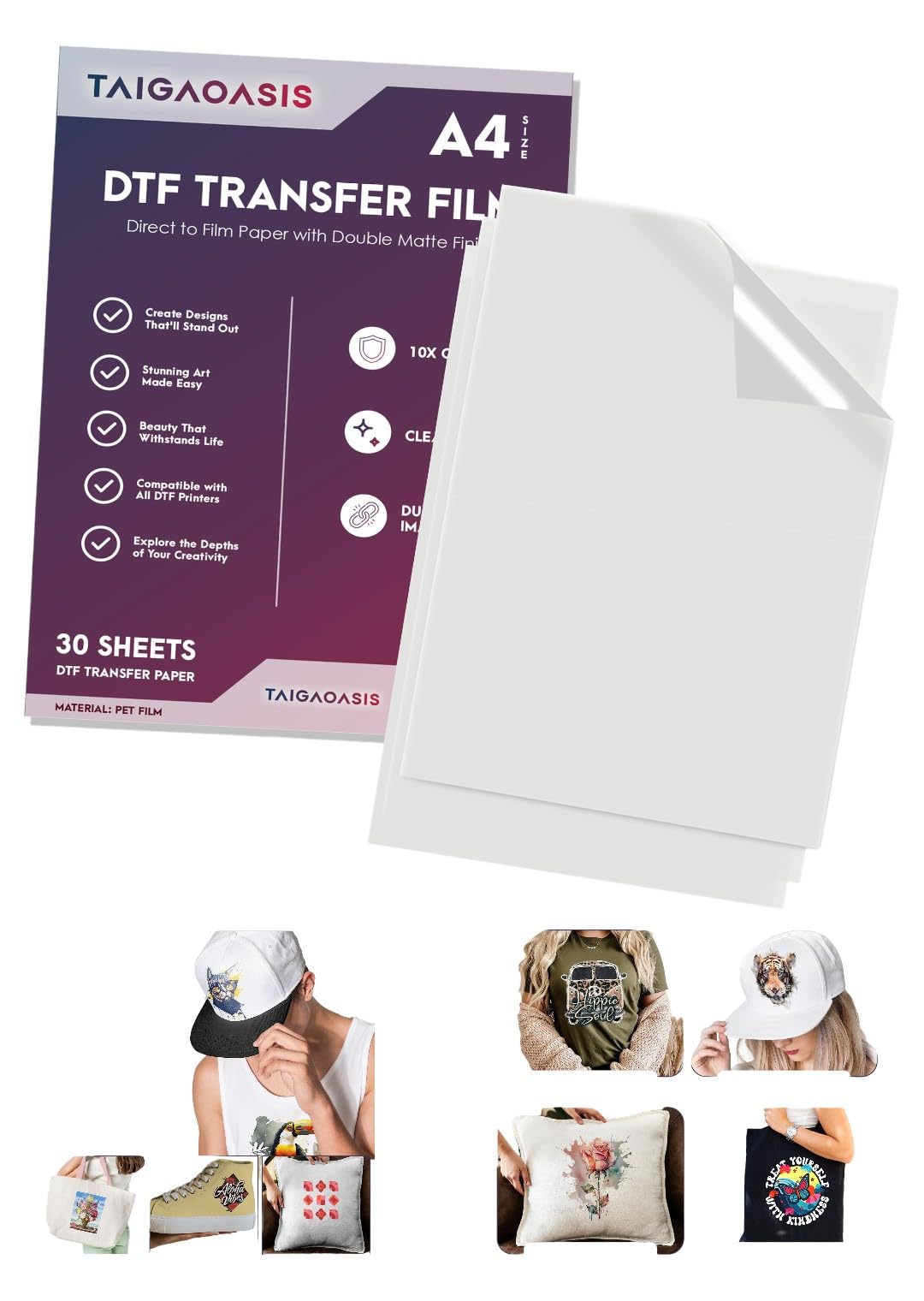 TAIGAOASIS DTF Transfer Film A4-90 Sheets, Anti-Static, Direct to Film with Double Matte Finish - 10X Coating for Brighter, Clearer, Durable Images