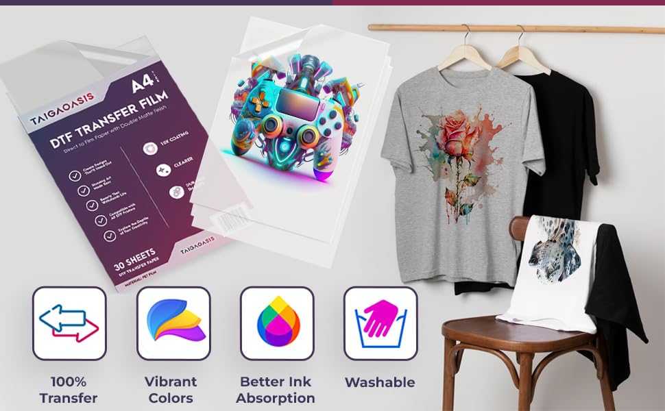 TAIGAOASIS DTF Transfer Film A4-30 Sheets - 8.3 x 11.7 Inches - Anti-Static DTF Transfer Paper - Direct to Film Paper with Double Matte Finish - 10X Coating for Brighter, Clearer, Durable Images